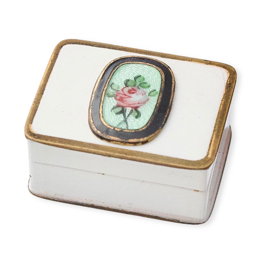 Vintage Volupte Pill Box Guilloche Enamel Rose Miniature Brass Metal Case